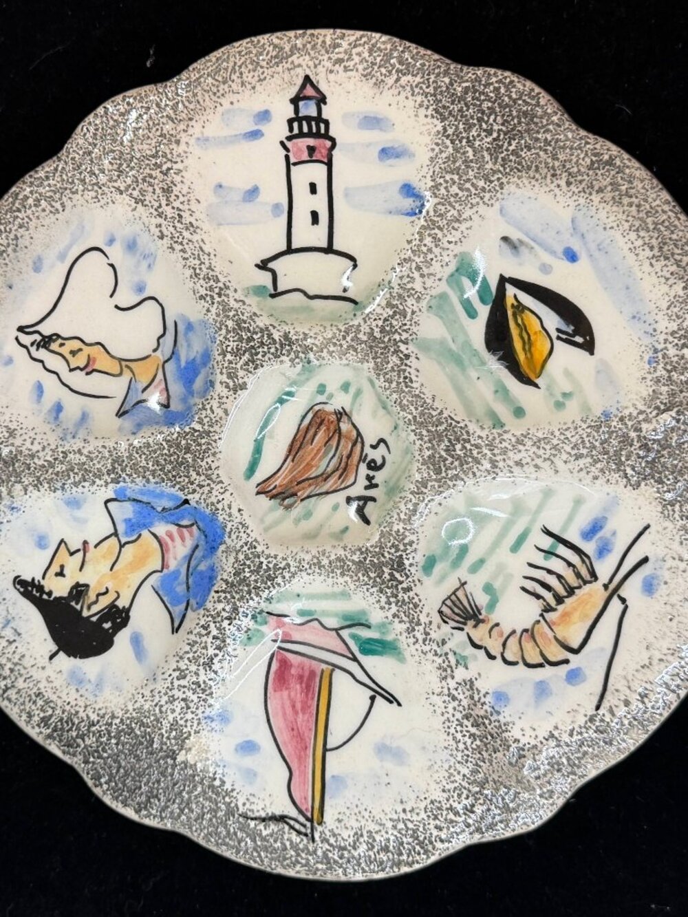 Vintage French Hand Painted Nautical Oyster Plate Lighthouse Sailboats 9.5"A1250